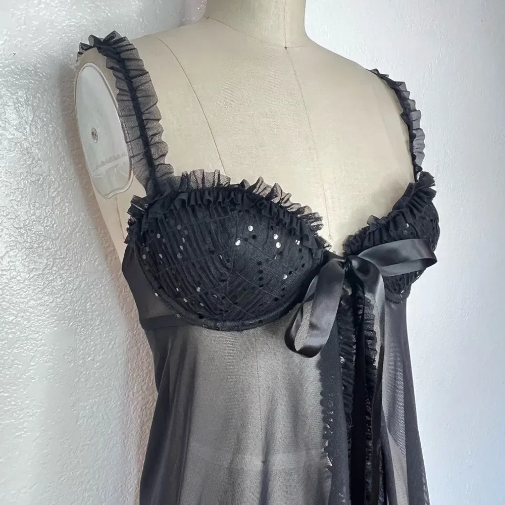 NWOT VS Victoria’s Secret black sparkle ruffle teddy Y2K mini slip dress 36B